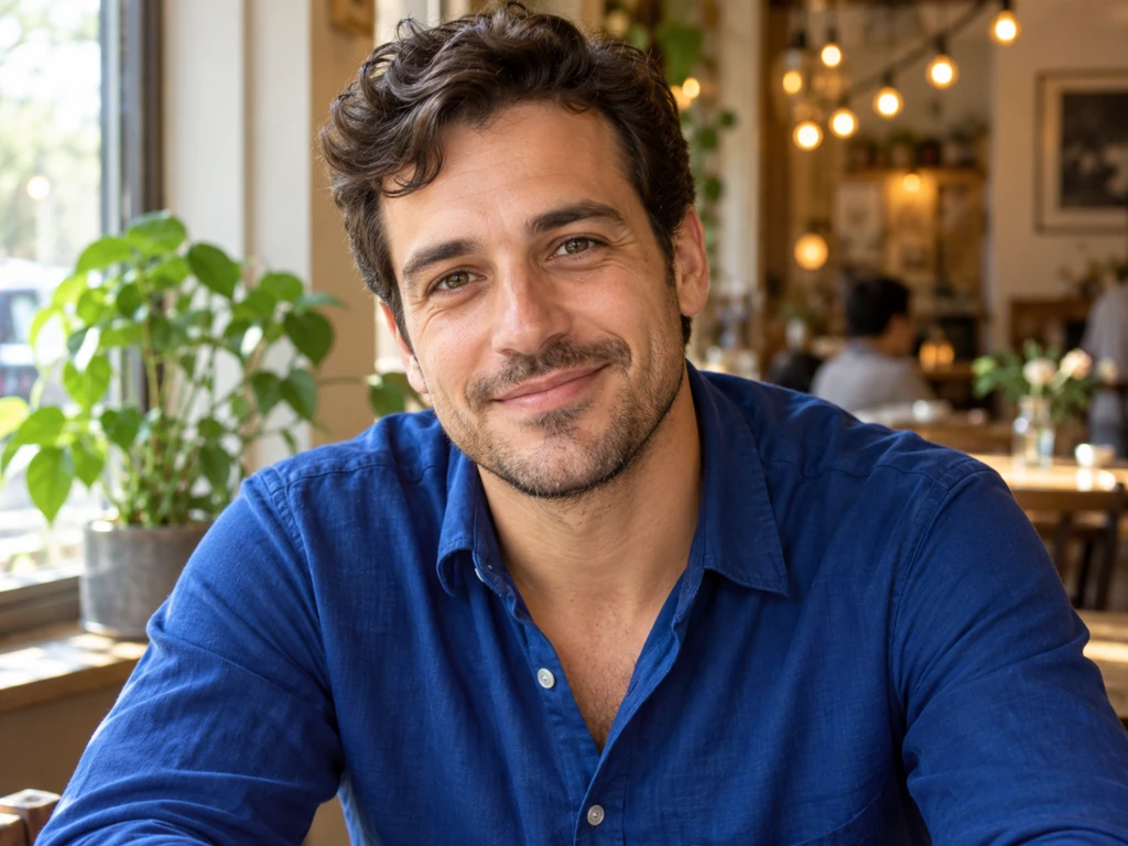 AI-generated smiling adult man in a blue shirt photographed in soft cafe window light