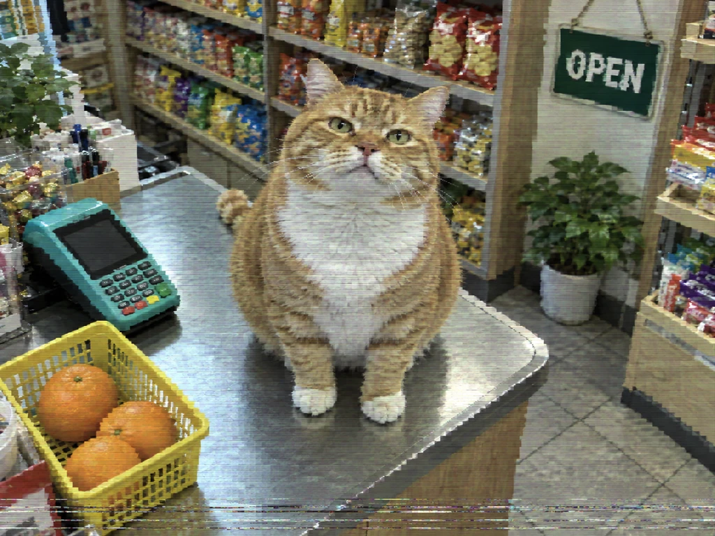 The same shop cat with muted colors, scan lines, and blocky CCTV-style interference