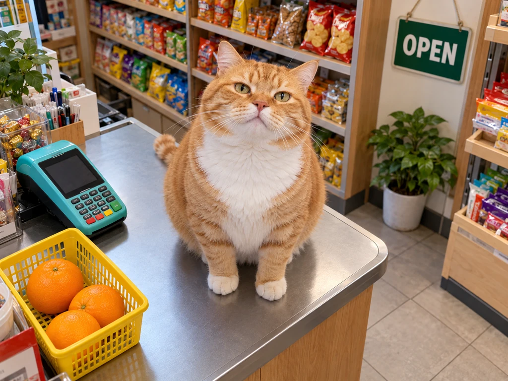 AI-generated orange cat on a shop counter beside a payment terminal and a basket of oranges