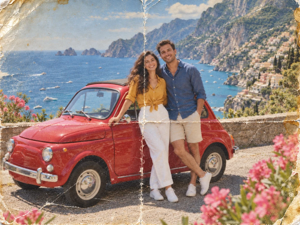 The same coastal photo edited with fold creases, worn edges, and faded colors