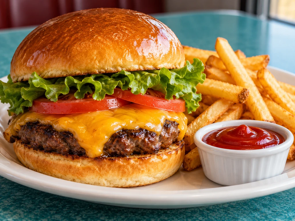 AI-generated fresh cheeseburger with golden fries and ketchup on a white diner plate