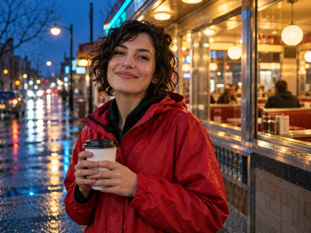 AI-generated woman in a red rain jacket holding a cup outside a diner at dusk