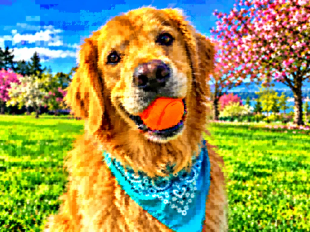 The same dog photo degraded with heavy compression blocks, blurred detail, and oversaturated colors