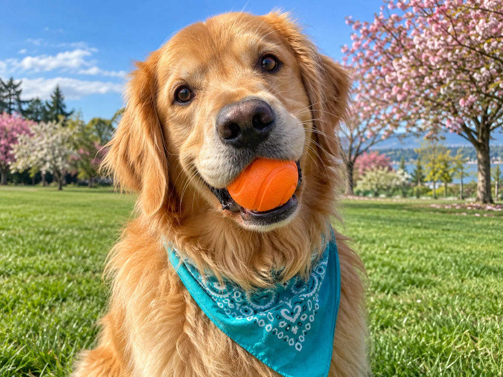 AI-generated golden retriever wearing a turquoise bandana and holding an orange ball in a sunny park