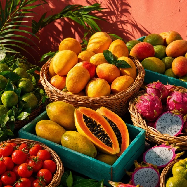 Colorful tropical fruit with detailed skins, leaves, and woven baskets