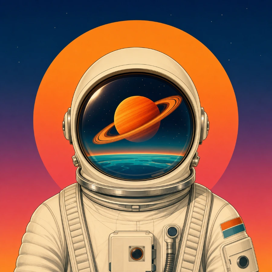 Retro astronaut illustration with a ringed planet reflected in the visor