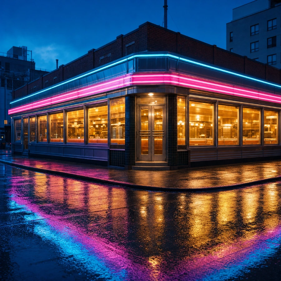 Neon-lit diner with sharp window frames and colorful reflections on wet pavement