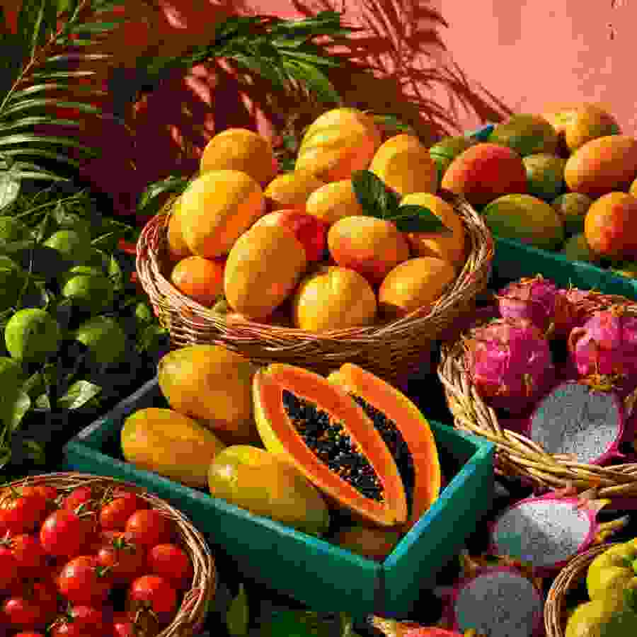 The same fruit photo with JPEG artifacts and reduced fine detail