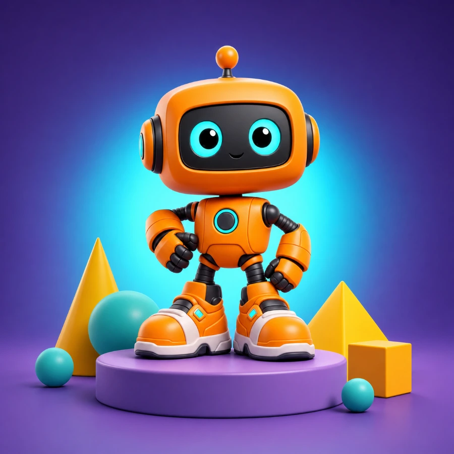 Orange toy robot with cyan eyes against a purple background