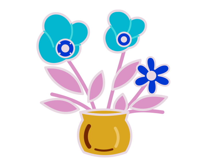 The same transparent illustration with cyan poppies, pink leaves, and a yellow vase after color inversion