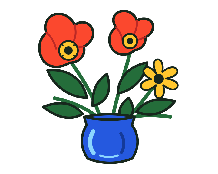 Red poppies and a yellow daisy with green leaves in a blue vase, on a transparent background