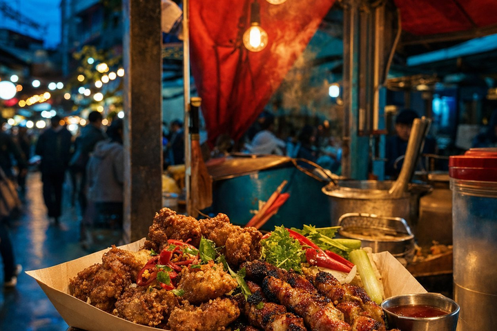 Original night-market photograph with warm colorful lights