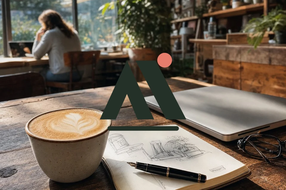 A dark logo at 100% opacity placed over a café photo, covering details beneath the logo