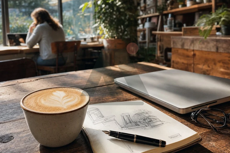 The same logo at 25% opacity in the same position on the café photo, allowing the photo details to show through