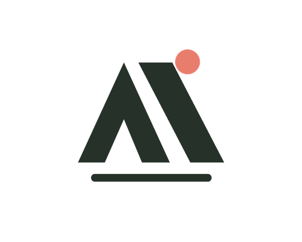Charcoal geometric logo with a coral accent on transparency